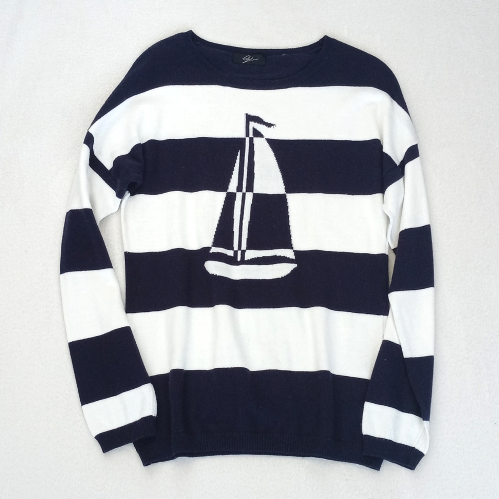 Cyrus Navy & White Stripe Sailing Yacht/ Boat Long Sleeve Nylon Blend Sweater M - Picture 6 of 13
